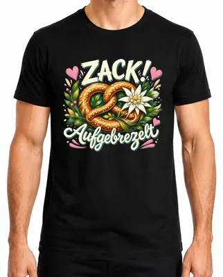 Produktbild von Zack Aufgebrezelt Brezel Edelweiss Trachtenshirt Lederhose Dirndl Herren T-Shirt, Schwarz, XXL