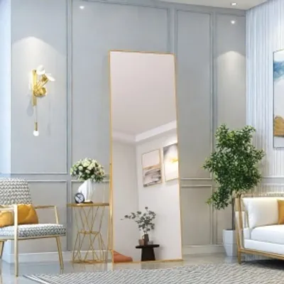 Immagine prodotto di Specchio rettangolare a figura intera, 162 x 53 cm grande specchio da appoggio, grande specchio da parete con cornice in alluminio dorato, appeso, in piedi, inclinabile, per soggiorno, camera da letto e corridoi