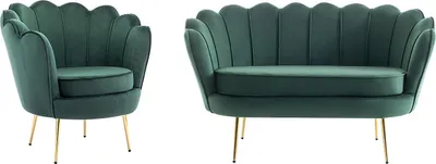 Produktbild von 2-Sitzer Sofa und Schalensessel aus flaschengrünem Velours - DANDELION