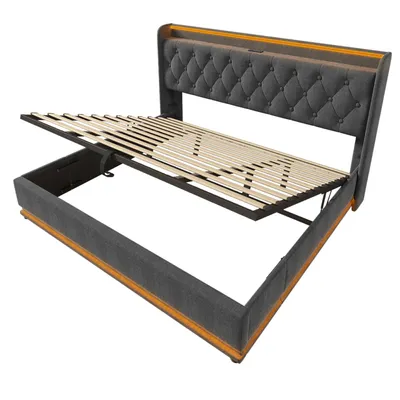 Produktbild von Flieks Polsterbett 180x200cm mit Ladefunktion (USB&Typ-c), Jugendbett Doppelbett Stauraumbett mit LED, Hydraulisches Boxspringbett, Leinen, Grau