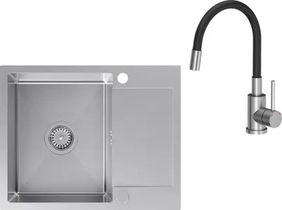 A stainless steel kitchen sink and faucet are shown against a white background.
