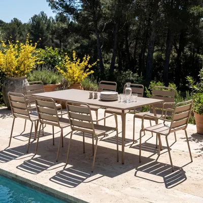 Image de Ensemble table de jardin et 8 fauteuils en métal taupe - Oviala Palavas