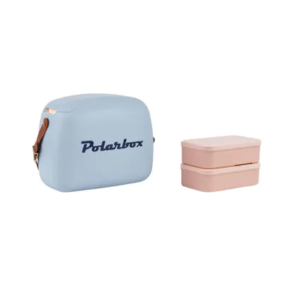 Produktbild von Kreher® Retro Kühlbox Polarbox 6L – Passive Kühlbox in Jeans Blau mit 2 Lunchboxen – stilvolle Isolierbox im Vintage Design für Picknick, Camping