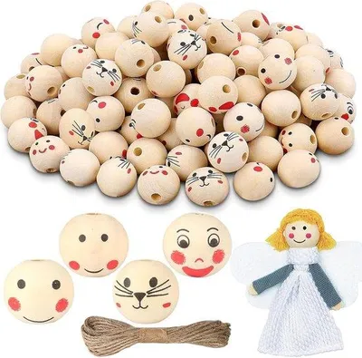 Produktbild von Holzperlen mit Gesicht - 100 Stück - Hanfstrick - Selbstfertigungsarmreifen - Halsketten - Schmuck Holzperlen mit Gesichtern