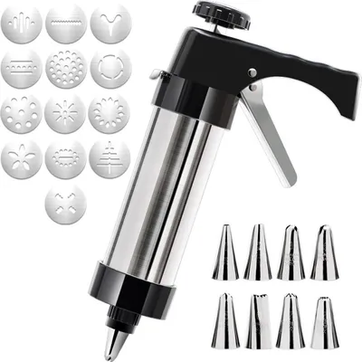 Produktbild von Keks- und Plätzchenpresse Set, 13 Edelstahl-Scheiben + 8 Tüllen, Backzubehör für feines Spritzgebäck