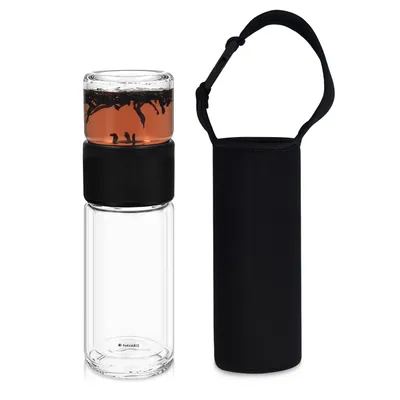 Produktbild von Navaris Teeflasche aus Glas mit Edelstahl Sieb - 240ml Tee Flasche Teekanne to go - Teebecher Trinkflasche Teebereiter aus Borosilikatglas mit Hülle