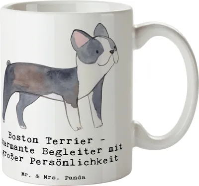 Produktbild von Mr. & Mrs. Panda Kaffeebecher Boston Terrier Begleiter - Weiß - Geschenk, charmante, freundlicher Hund, Trinkbecher, liebenswerte Vierbeiner, Kaffeetasse, Tasse, Pott