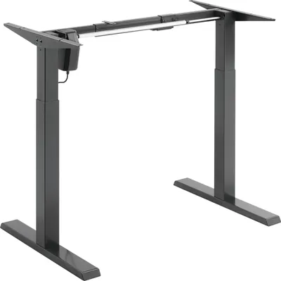 A dark gray electric sit-stand desk frame with two legs and a crossbar, shown against a white background.