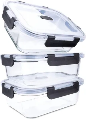 Productafbeelding van Unyqoos® Set van 3 glazen vershoudcontainers (3 x 1040 ml / 1 liter) – Gemaakt van borosilicaatglas, lekvrije deksels met stoomventiel, BPA-vrij, geschikt voor de vaatwasser, vriezer en magnetron/oven (zonder deksel)