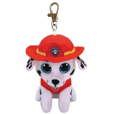 A plush toy keychain of a dog wearing a firefighter's hat.