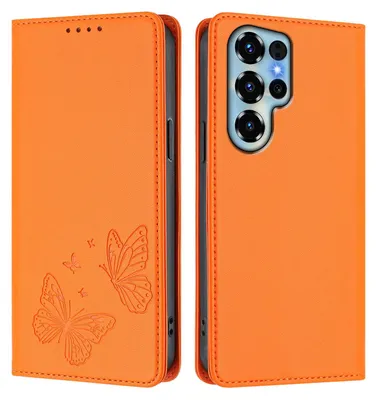 Produktbild von Lederhülle für Oukitel C68, Schmetterling Prägung Leder Brieftasche Schutzhülle mit Ständer Orange