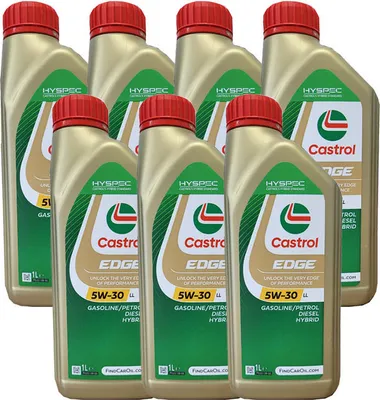 A group of Castrol Edge 5W-30 LL 1-liter oil bottles.