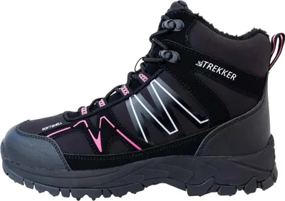 A single black winter boot with pink accents and the brand name 'TREKKER' visible.