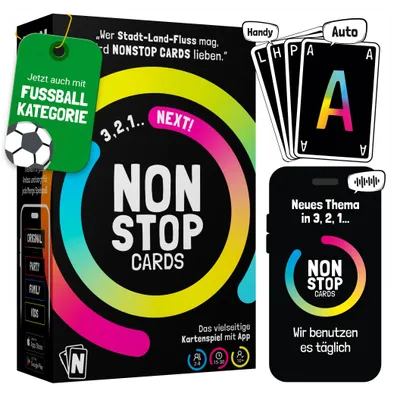 Produktbild von NONSTOP CARDS - Lustiges Kartenspiel mit App | Gesellschaftsspiel für Erwachsene | Stadt-Land-Fluss | Brettspiel, Partyspiel & Familienspiel | Ab 2 P.