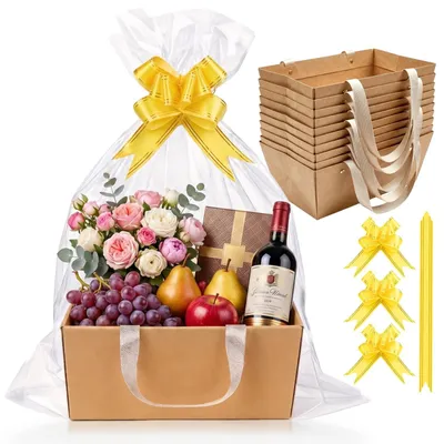 Productafbeelding van Cadeaumand presentmand - Kraftpapier - 10 stuks - Met lint en zakjes