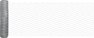 A roll of galvanized steel wire mesh fencing, also known as chicken wire, is shown on a white background.