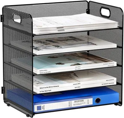 Obrázek produktu pro Uniqoos® Kovový držák dokumentů formátu A4, 5 přihrádek – organizér na psací stůl pro dokumenty, časopisy a dopisy, rozměry 33,5 x 24 x 33,5 cm