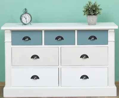 Produktbild von Casa Padrino Landhausstil Kommode mit 7 Schubladen Weiß / Creme / Hellblau 122 x 41 x H. 75 cm - Massivholz Möbel