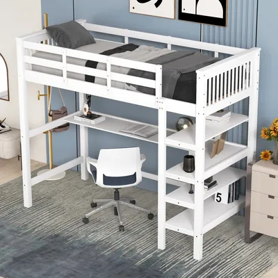 Produktbild von okwish Kinderbett 90 x 200 Hochbett mit Ablagefächern und Unterbettschreibtisch Bettgestell, Weiß