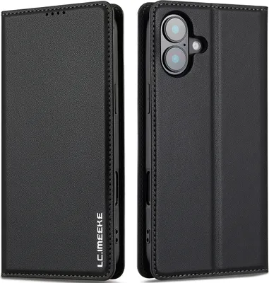 Immagine prodotto di Custodia magnetica in pelle flip per iPhone 16, con slot per schede e funzione stand Nero