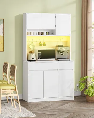Immagine prodotto di Mobiletto da cucina 40 x 100 x 180 cm, mobiletto buffet alto con prese di corrente, illuminazione a LED, piano di lavoro e due cassetti