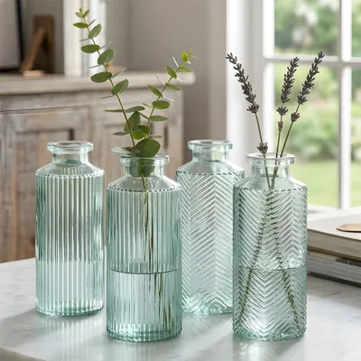 Produktbild von 4er Set Vase Glas Grün H14cm Grau Glas Blumenvase Tischdeko Frühling Blumendeko Glasvase Dekovase