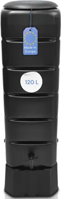 Produktbild von Regentonne [Tower] 120L mit Standfuss, Deckel & Wasserhahn - Regenfass Frostsicher aus Kunststoff - Regenwassertonne - Regenwassertank Garten Wassertank Regensammler (Anthrazit)