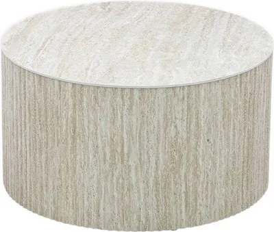 A round coffee table made of beige stone with a textured surface.