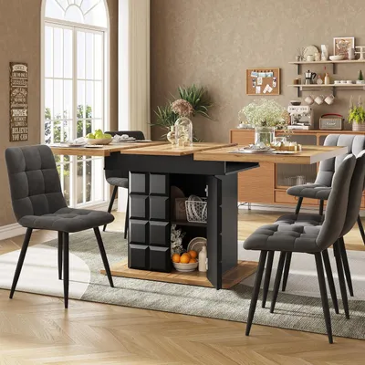 Image de Table extensible, dimensions 110-140 x 80 x 75 cm, finition bois et noir, avec étagère et tiroirs, pour 4 à 6 personnes