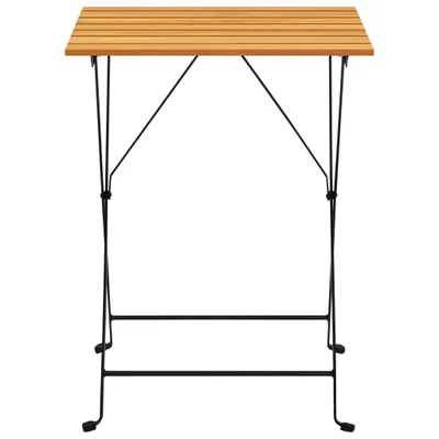 A product shot of a small bistro table with a wooden top and black metal legs, set against a white background.