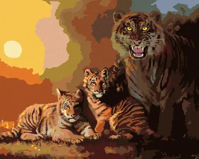 Produktbild von Zuty - Malen nach Zahlen - TIGER MIT JUNGEN UND SONNENUNTERGANG (D. RUSTY RUST), 40x50 cm, ohne Keilrahmen