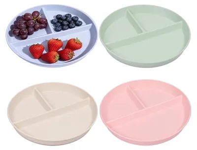 Productafbeelding van Verdeelde serveerplaten - 4 stuks met 3 vakken - Portieschalen voor kinderen en volwassenen - Ø 22,5 cm