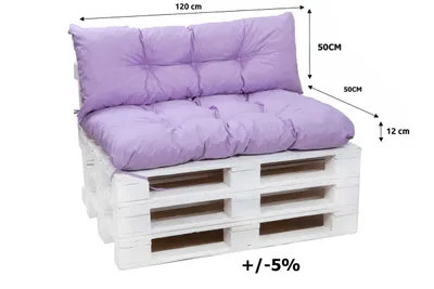 A set of purple cushions for a pallet sofa, shown on a white pallet base.