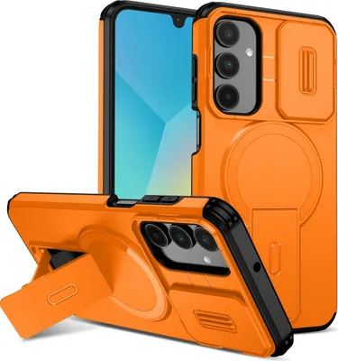 A product shot of an orange phone case with a stand and camera cover.