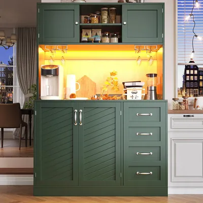 Zdjęcie produktu dla Nowoczesna szafka bufetowa 120 x 40 x 188 cm z oświetleniem LED, półką na przekąski i uchwytami na napoje Szafka kuchenna z 4 drzwiami i 2 szufladami Zielona