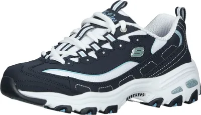 A single navy and white Skechers sneaker is shown against a white background.