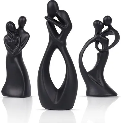 Produktbild von Unyqoos® Harz-Paarfigur-Set (3) – abstrakte Kuss- und Umarmungs-Skulpturen, schwarz, Dekofiguren für Valentinstag, Hochzeit, Wohnzimmer