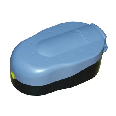 A product shot of a blue and black air pump on a white background.