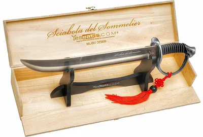 Produktbild von YesEatIs – Sommeliers-Säbel mit hölzerner Präsentationsbox – stahlfarbener Griff – 2 dekorative Lanyards inklusive