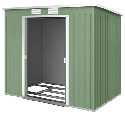 Produktbild von Gerätehaus Metall Lüftungsfenster, Geräteschuppen Stahl Schiebetür verzinkt, Gartenschuppen Grün | mit Bodenrahmen | 23 kg | 213 x 130 x 172 cm