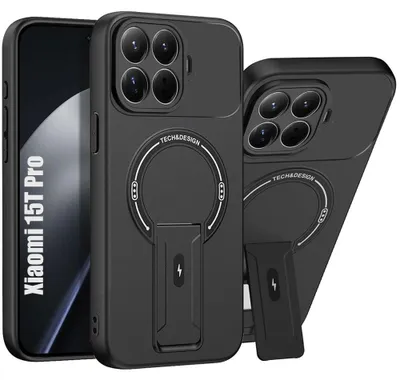 Image de Coque pour Xiaomi 15T Pro, Protection Silicone Souple avec Cercle Magnétique et Support - Noir