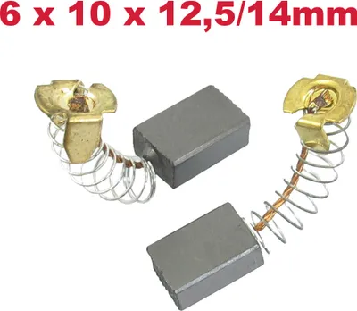 Three carbon brushes with springs and metal holders are arranged on a white background.