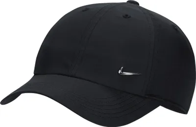 A black Nike baseball cap with a silver Nike swoosh logo.