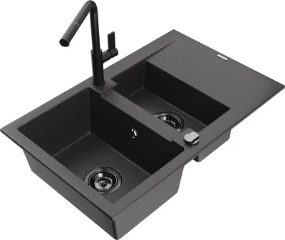 Produktbild von Mexen Gaspar 1,5-Becken-Granitspüle mit Abtropffläche und Mischbatterie Flora, Schwarz gesprenkelt - 6507-76-670401-70-B