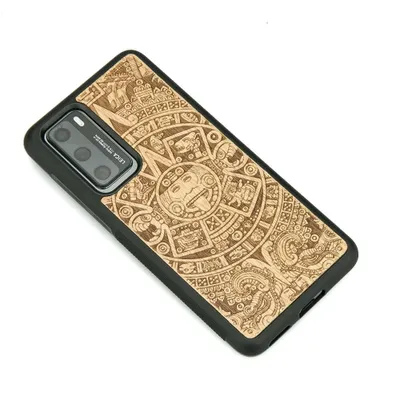 A wooden phone case with an Aztec calendar design is shown on a white background.