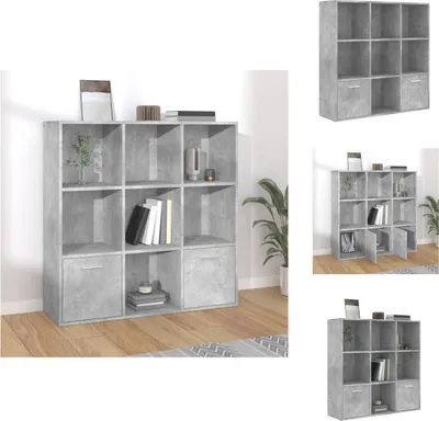A collage of images showing a gray modular bookshelf from different angles and in different configurations.