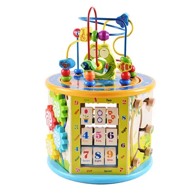 Produktbild von Pädagogischer Holzwürfel 8in1 - Entwicklungsspielzeug für Kinder ab 3 Jahren mit Sortierfunktion, Zählfunktion, Labyrinth und Uhren