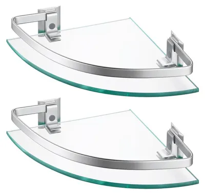 Image de Étagère d'angle en verre, pour salle de bain ou douche, 2 pièces, verre trempé de 8 mm, aluminium argenté, rayon de 245 mm