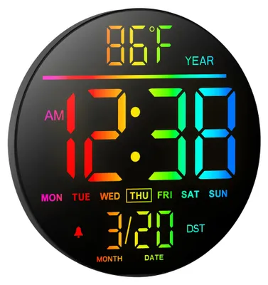Produktbild von Digitale Wanduhr - Moderner runder Wecker - 25,4 cm - RGB-Beleuchtung mit 11 Farbmodi - Fernbedienung - Doppelalarm - Temperatur- und Datumsanzeige - Schwarz