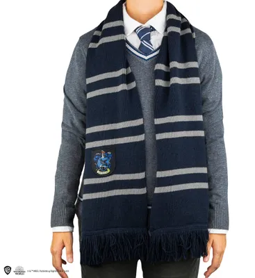 A person wearing a Ravenclaw scarf and sweater.